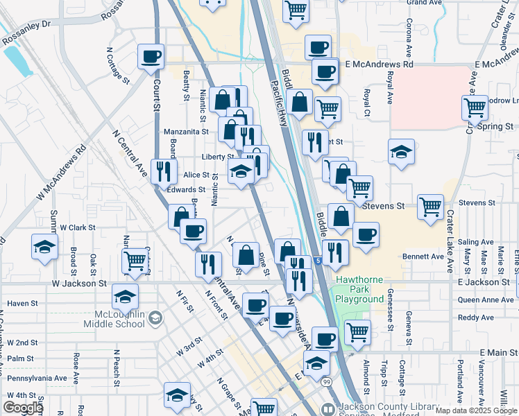 map of restaurants, bars, coffee shops, grocery stores, and more near 794 North Riverside Avenue in Medford