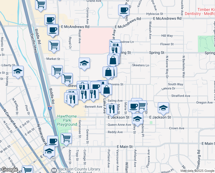 map of restaurants, bars, coffee shops, grocery stores, and more near 530 Crater Lake Avenue in Medford