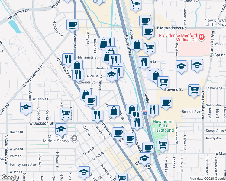 map of restaurants, bars, coffee shops, grocery stores, and more near Austin Street in Medford
