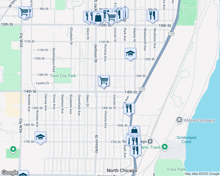 map of restaurants, bars, coffee shops, grocery stores, and more near 1333 Victoria Avenue in North Chicago