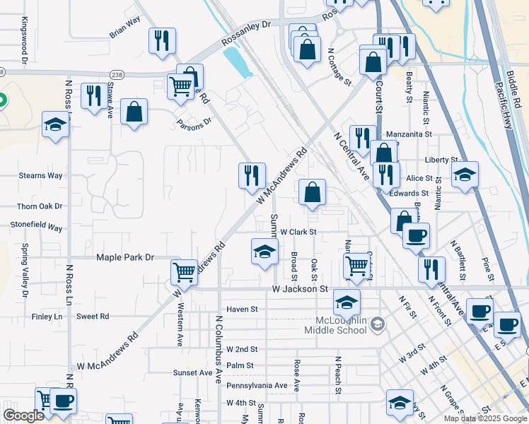 map of restaurants, bars, coffee shops, grocery stores, and more near 943 Summit Avenue in Medford