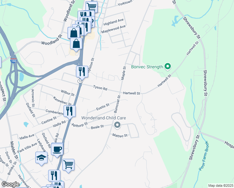map of restaurants, bars, coffee shops, grocery stores, and more near 1B Tyson Road in Worcester
