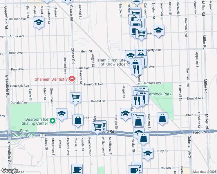 map of restaurants, bars, coffee shops, grocery stores, and more near 6140 Middlesex Street in Dearborn