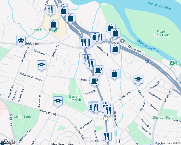 map of restaurants, bars, coffee shops, grocery stores, and more near 324 U.S. 5 in Northampton