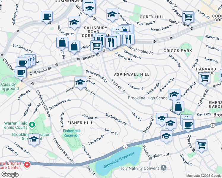 map of restaurants, bars, coffee shops, grocery stores, and more near 46 Beaconsfield Road in Brookline