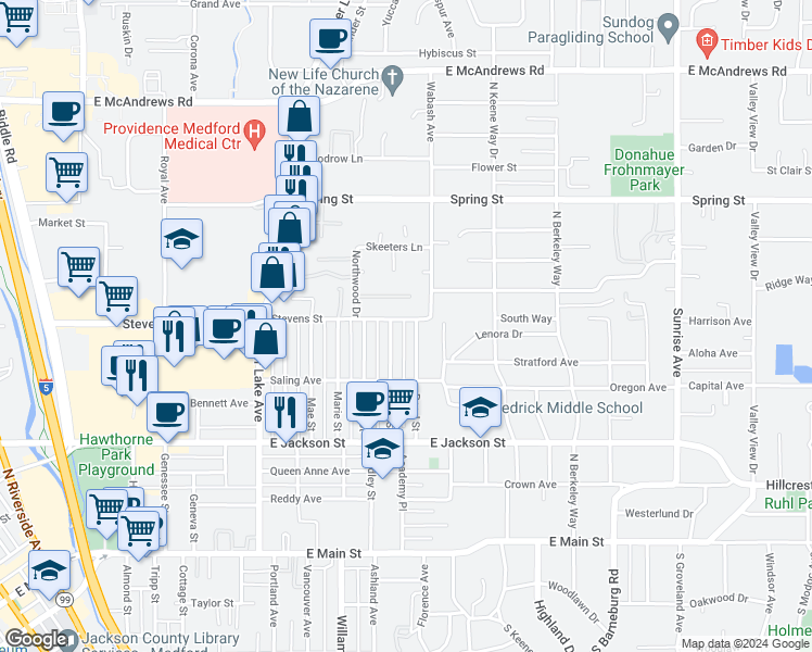 map of restaurants, bars, coffee shops, grocery stores, and more near 1226 Stevens Street in Medford