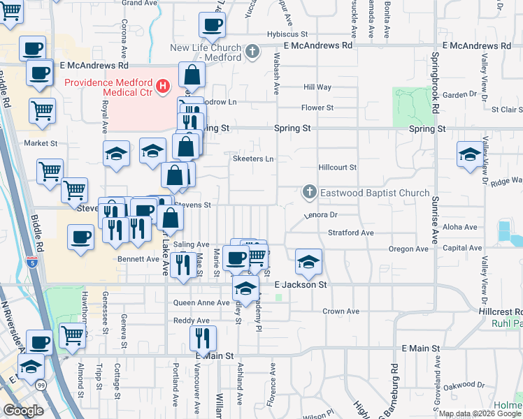 map of restaurants, bars, coffee shops, grocery stores, and more near 545 Pearl Street in Medford