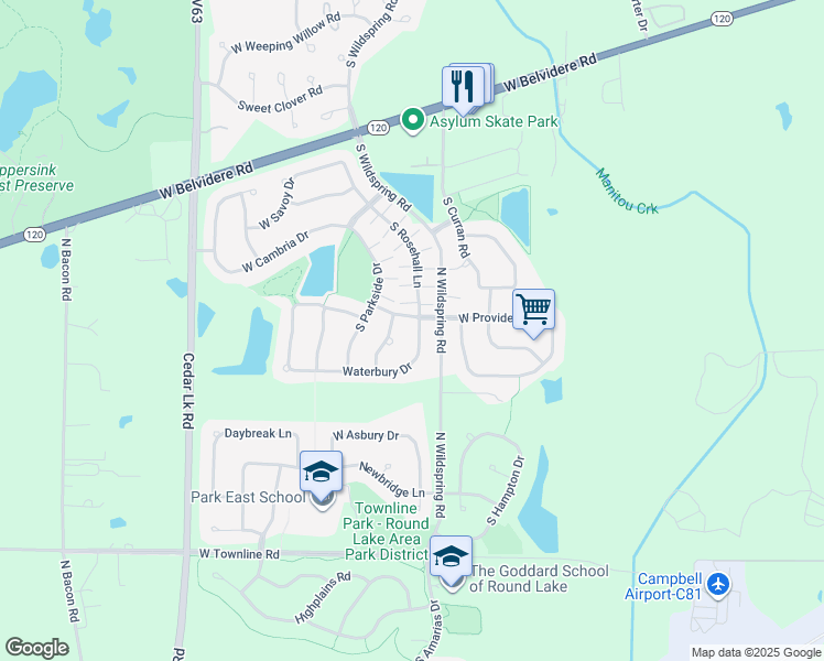 map of restaurants, bars, coffee shops, grocery stores, and more near 746 Waterbury Drive in Round Lake