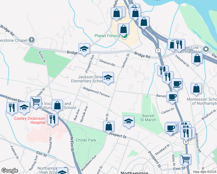 map of restaurants, bars, coffee shops, grocery stores, and more near 120 Jackson Street in Northampton