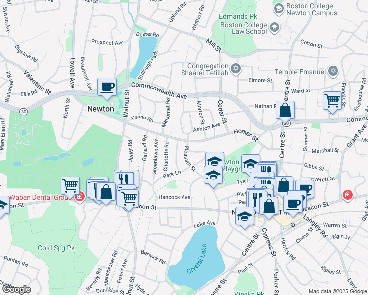 map of restaurants, bars, coffee shops, grocery stores, and more near 228 Pleasant Street in Newton
