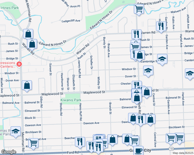 map of restaurants, bars, coffee shops, grocery stores, and more near 6601 Whitby Street in Garden City