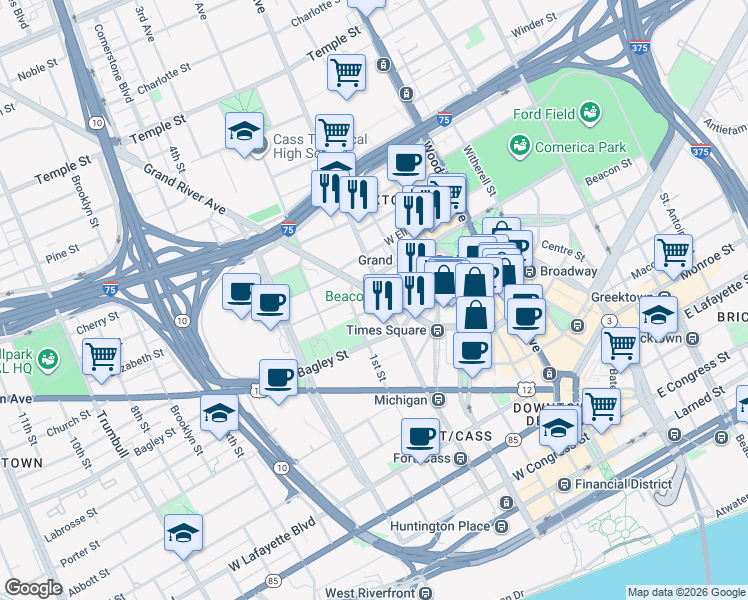 map of restaurants, bars, coffee shops, grocery stores, and more near 1901 Grand River Avenue in Detroit