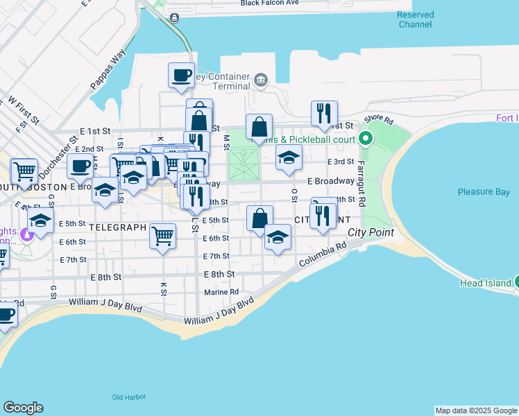 map of restaurants, bars, coffee shops, grocery stores, and more near 107 N Street in Boston