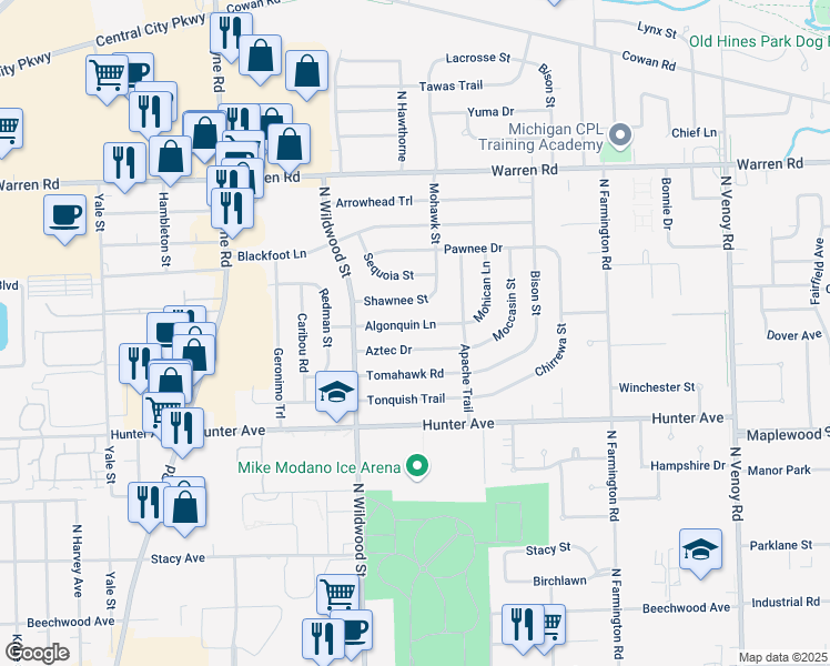 map of restaurants, bars, coffee shops, grocery stores, and more near 34143 Algonquin St in Westland