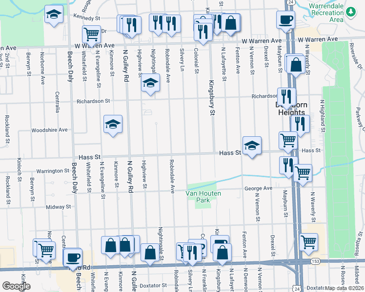 map of restaurants, bars, coffee shops, grocery stores, and more near 6429 Silvery Lane in Dearborn Heights