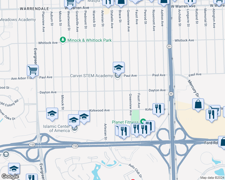 map of restaurants, bars, coffee shops, grocery stores, and more near 6197 Stahelin Avenue in Detroit