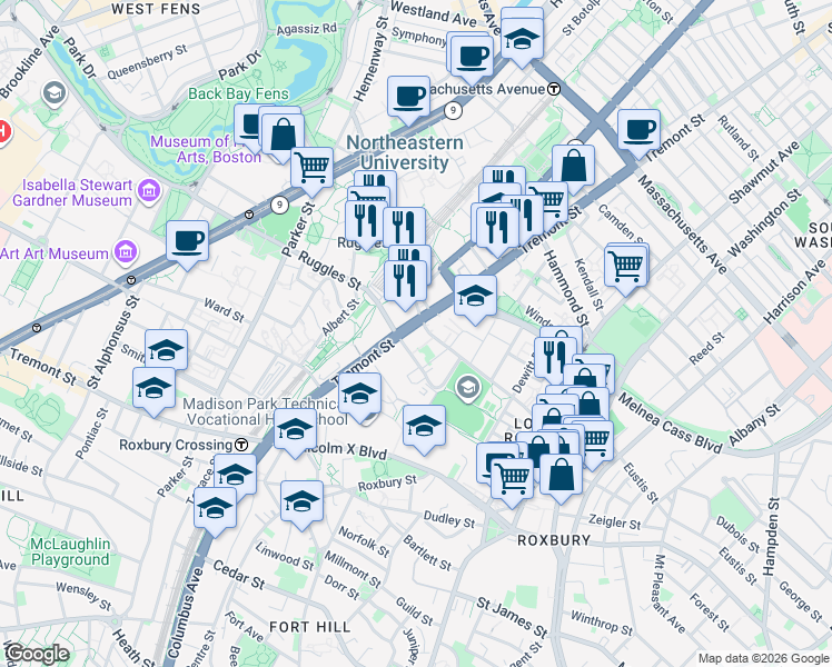 map of restaurants, bars, coffee shops, grocery stores, and more near in Boston