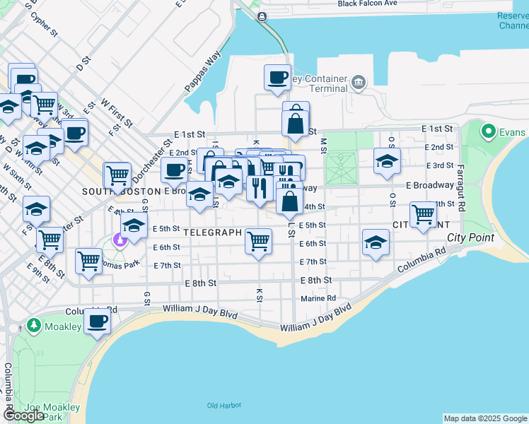 map of restaurants, bars, coffee shops, grocery stores, and more near 689 East 4th Street in Boston