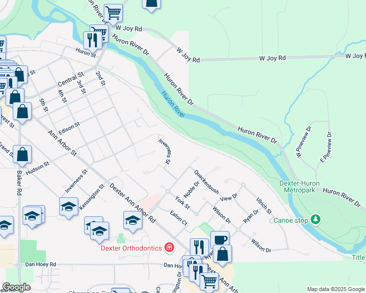map of restaurants, bars, coffee shops, grocery stores, and more near 4711 Inverness Street in Dexter