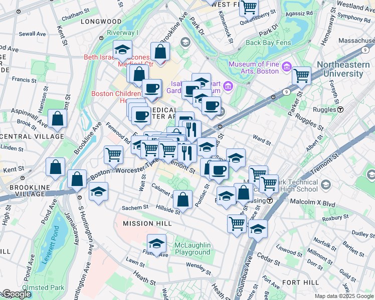 map of restaurants, bars, coffee shops, grocery stores, and more near in Boston