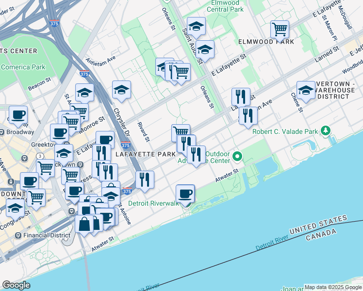 map of restaurants, bars, coffee shops, grocery stores, and more near 1401 East Jefferson Avenue in Detroit