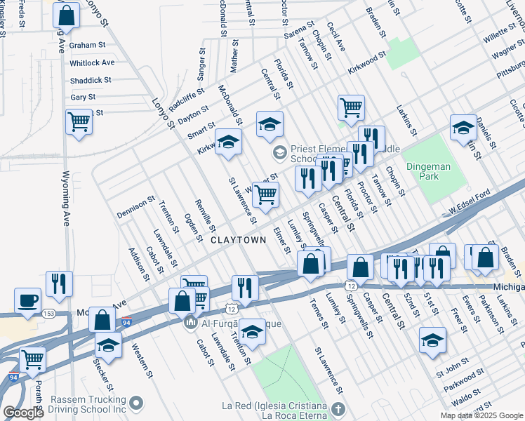 map of restaurants, bars, coffee shops, grocery stores, and more near 5641 Elmer Street in Detroit