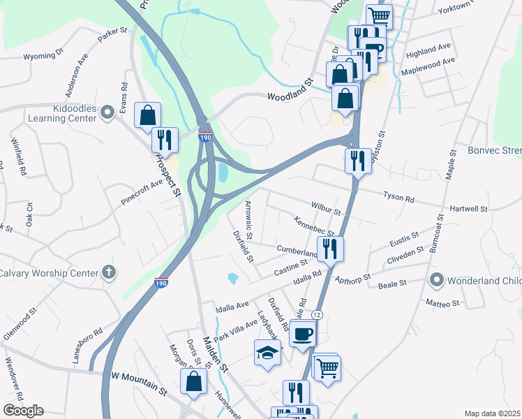 map of restaurants, bars, coffee shops, grocery stores, and more near 10B Orono Street in Worcester