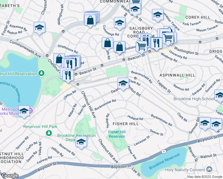 map of restaurants, bars, coffee shops, grocery stores, and more near 107 Dean Road in Brookline