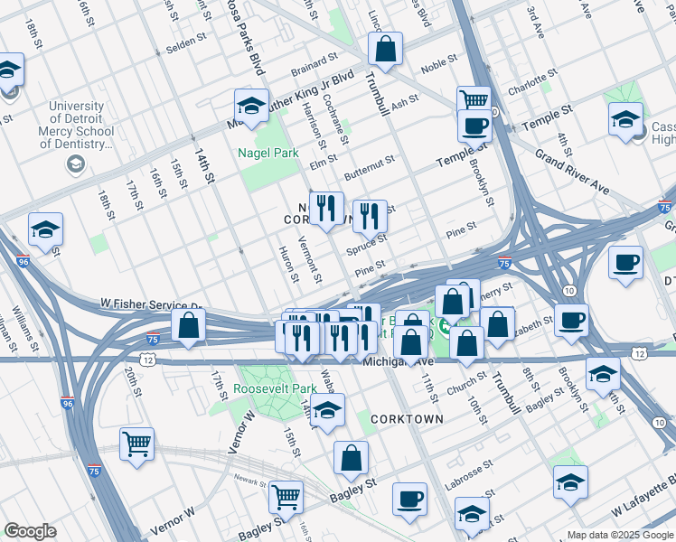 map of restaurants, bars, coffee shops, grocery stores, and more near 2628 Vermont Street in Detroit