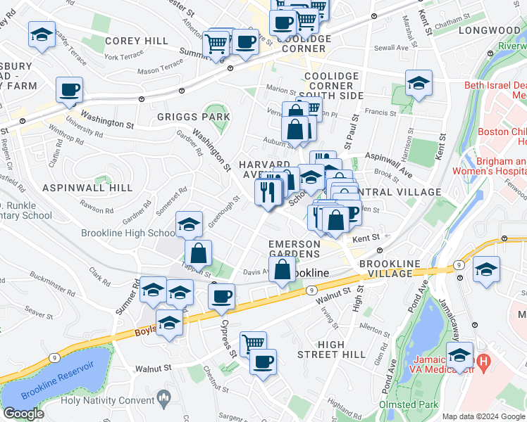 map of restaurants, bars, coffee shops, grocery stores, and more near 3 Cypress Street in Brookline