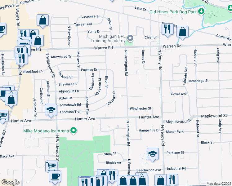 map of restaurants, bars, coffee shops, grocery stores, and more near 6770 Chirrewa Street in Westland