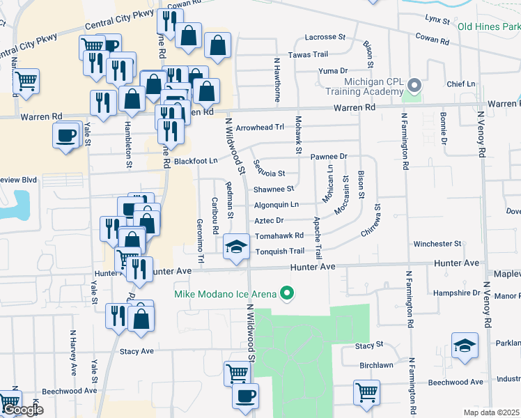 map of restaurants, bars, coffee shops, grocery stores, and more near 34319 Algonquin Street in Westland