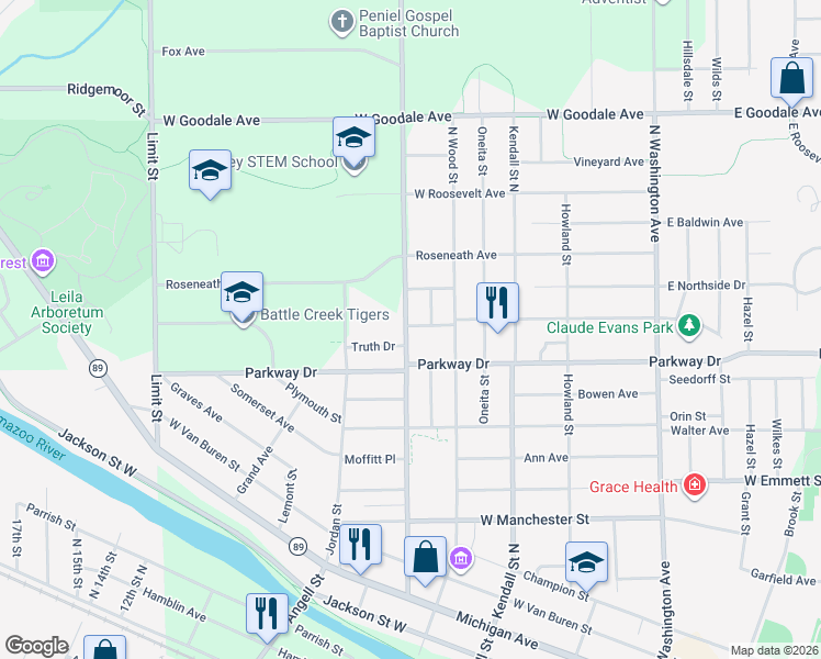 map of restaurants, bars, coffee shops, grocery stores, and more near 242 Hubbard Street in Battle Creek
