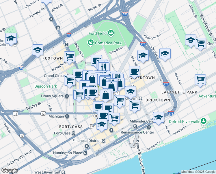 map of restaurants, bars, coffee shops, grocery stores, and more near 1307 Broadway Street in Detroit