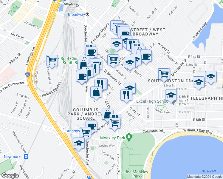 map of restaurants, bars, coffee shops, grocery stores, and more near 149 West 8th Street in Boston