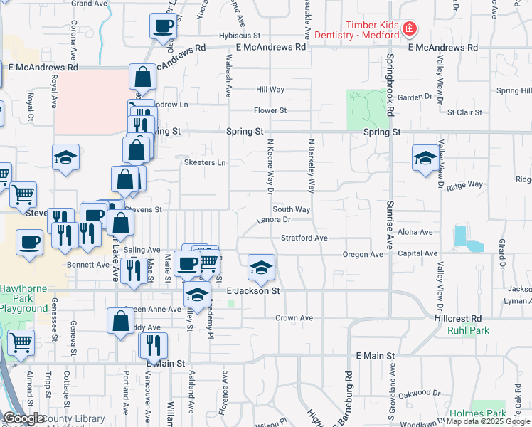 map of restaurants, bars, coffee shops, grocery stores, and more near 1549 Lenora Drive in Medford