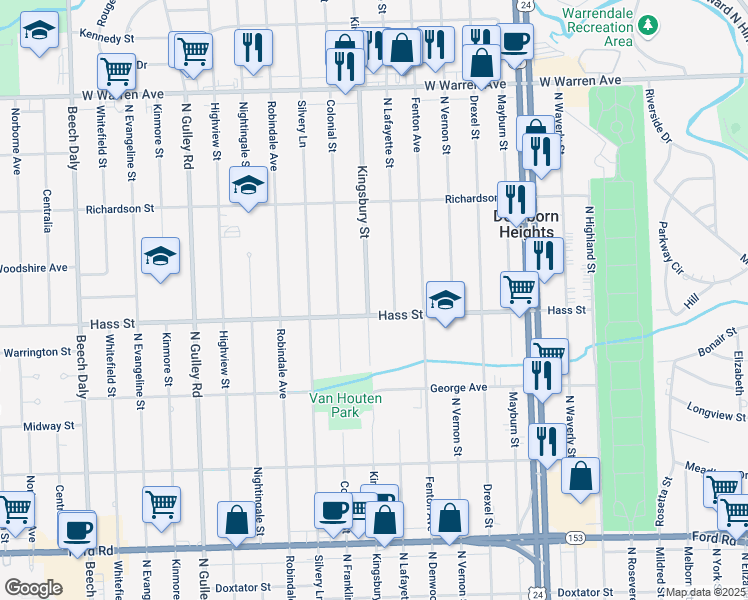 map of restaurants, bars, coffee shops, grocery stores, and more near 6432 Kingsbury Street in Dearborn Heights