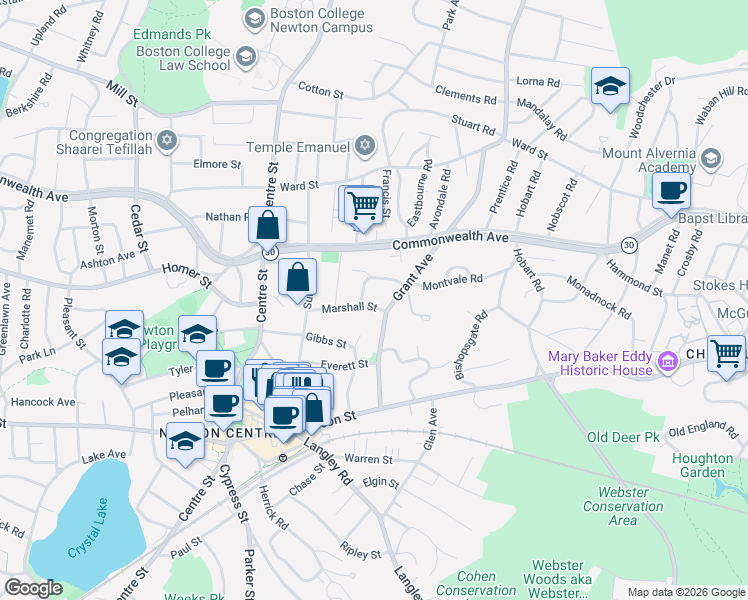 map of restaurants, bars, coffee shops, grocery stores, and more near 11 Marshall Street in Newton