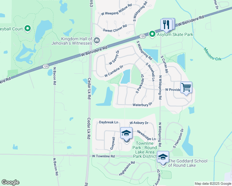 map of restaurants, bars, coffee shops, grocery stores, and more near 744 South Winchester Drive in Round Lake