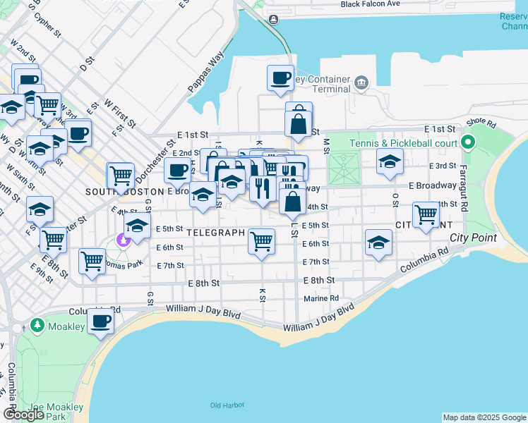 map of restaurants, bars, coffee shops, grocery stores, and more near 258 K Street in Boston