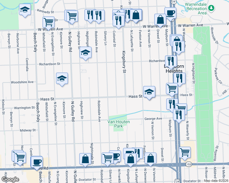map of restaurants, bars, coffee shops, grocery stores, and more near 6427 Colonial Street in Dearborn Heights