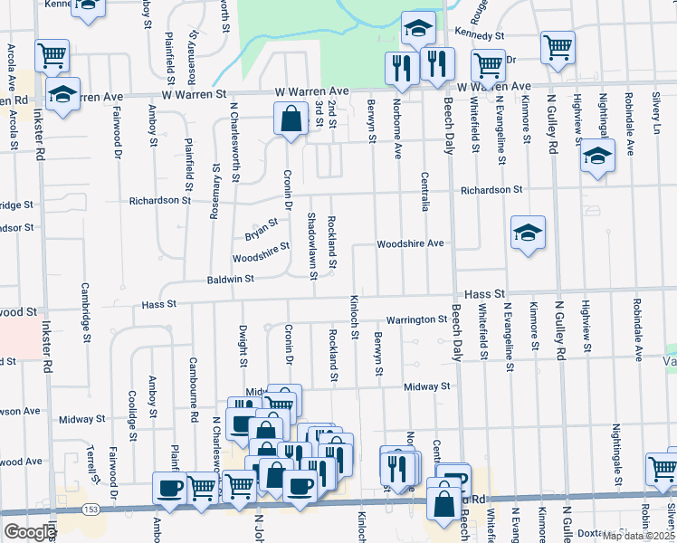 map of restaurants, bars, coffee shops, grocery stores, and more near 6530 Rockland Street in Dearborn Heights