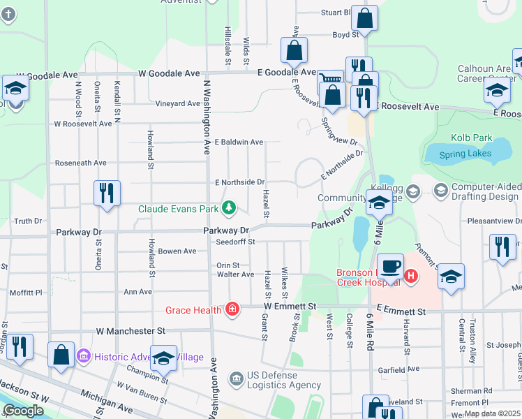 map of restaurants, bars, coffee shops, grocery stores, and more near 137 Hazel Street in Battle Creek
