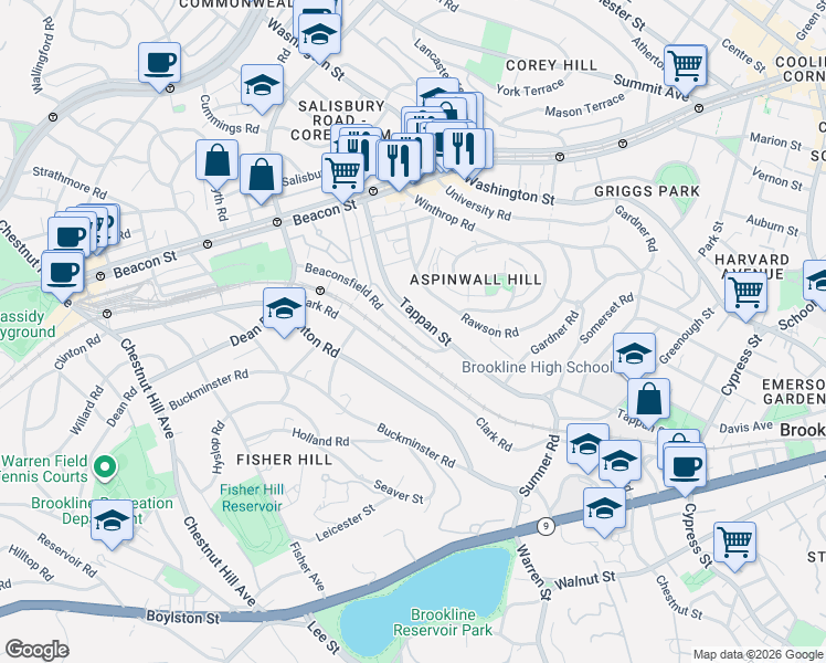 map of restaurants, bars, coffee shops, grocery stores, and more near 46 Beaconsfield Road in Brookline