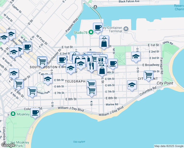 map of restaurants, bars, coffee shops, grocery stores, and more near 258 K Street in Boston