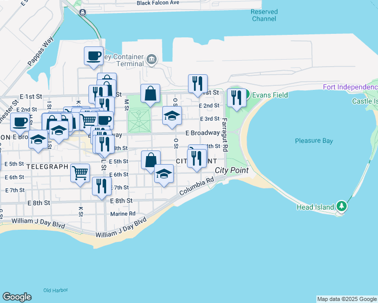 map of restaurants, bars, coffee shops, grocery stores, and more near 883 East 4th Street in Boston