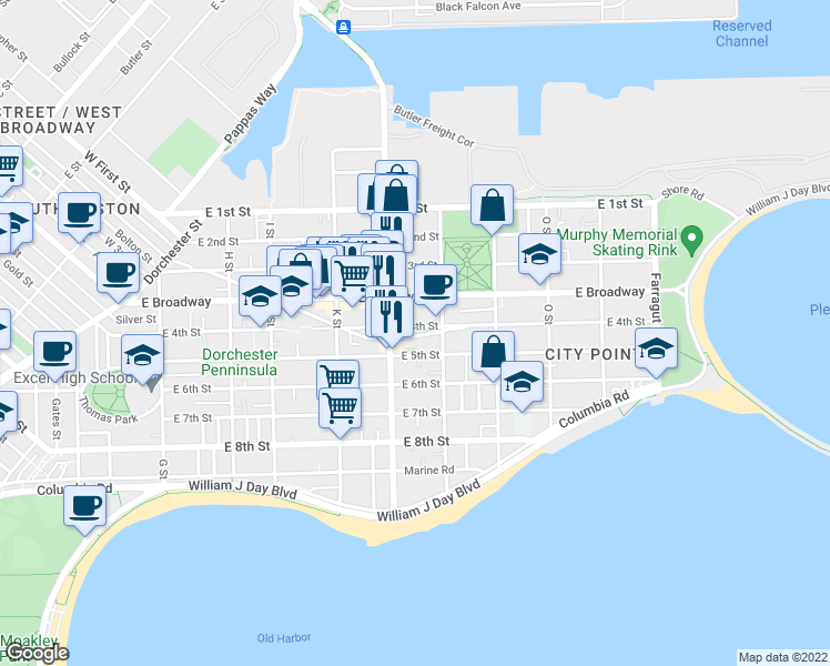 map of restaurants, bars, coffee shops, grocery stores, and more near 309 Emerson Street in Boston