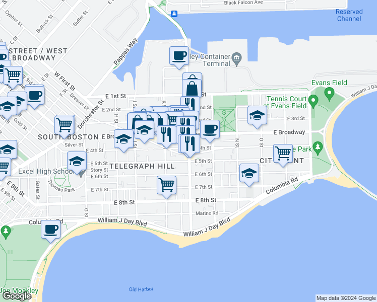 map of restaurants, bars, coffee shops, grocery stores, and more near 85 L Street in Boston
