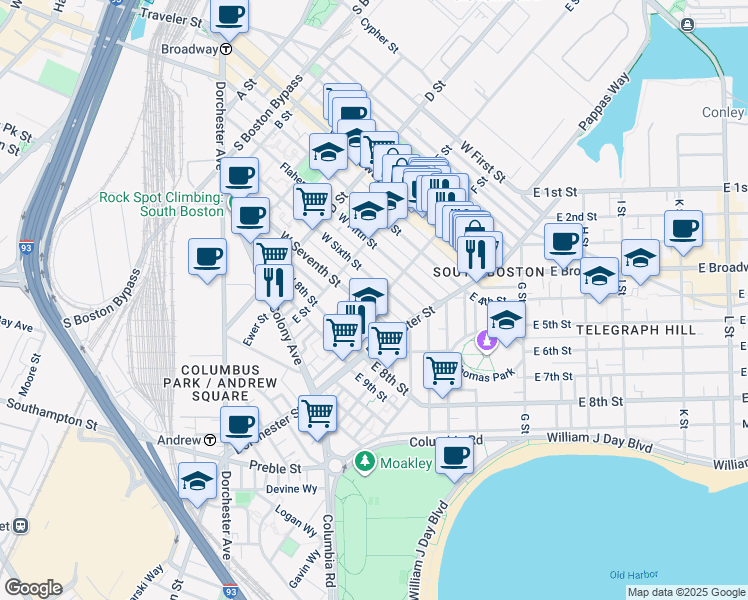 map of restaurants, bars, coffee shops, grocery stores, and more near 52 F Street in Boston