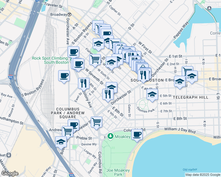 map of restaurants, bars, coffee shops, grocery stores, and more near 52 F Street in Boston